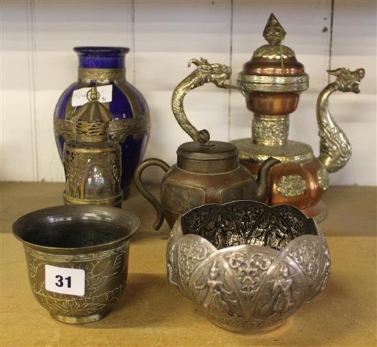 Indian silver bowl, glass lantern, teapot & bronze bowl etc.